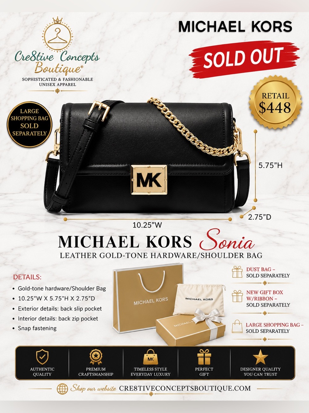 Michael Kors Sonia Leather Gold-Tone Shoulder Bag NWT Gift Ready
